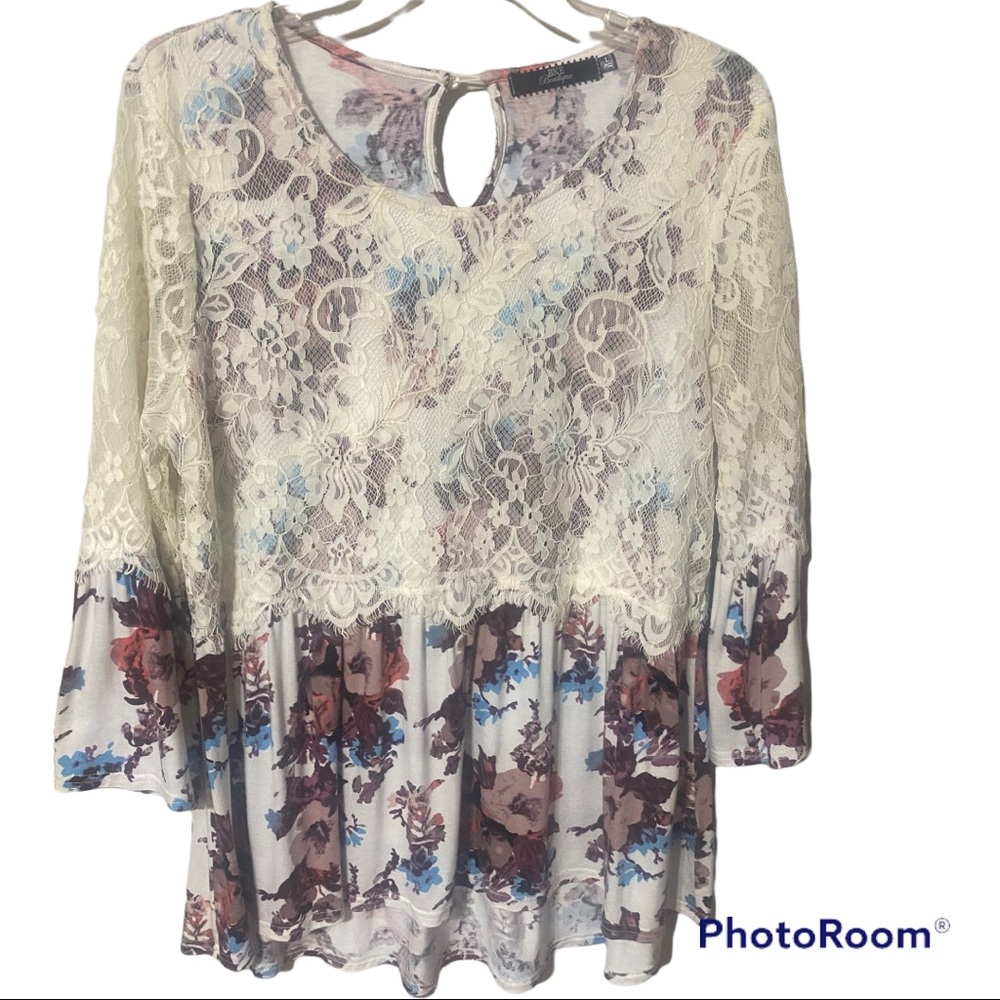 BKE Boutique tunic top with lacy and regular bell sleeves